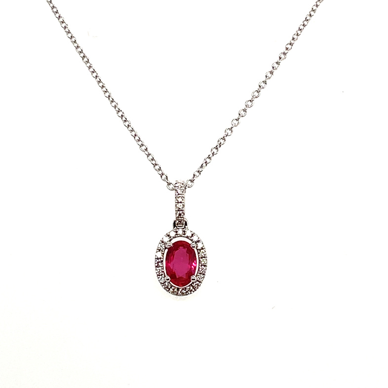 LE VIAN .48TGW RUBY AND DIAMOND HALO PENDANT/CHAIN CONTAINING: .39CT OVAL RUBY; + 26 ROUND MELEE DIAMONDS; .09TDW; 14KW CHAIN INCLUDED