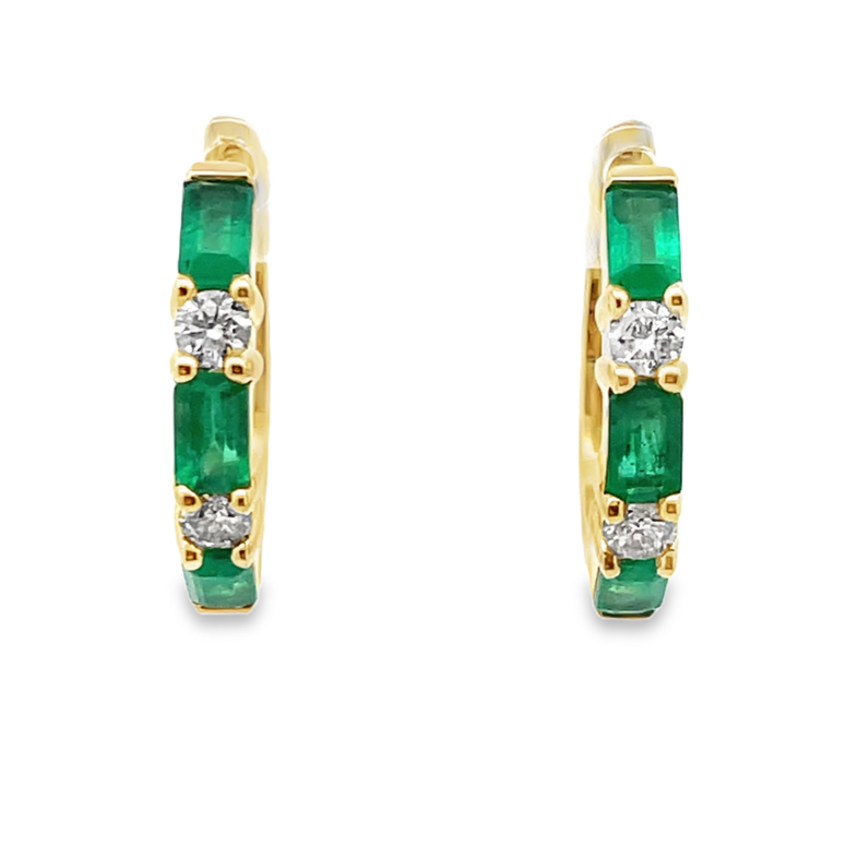 1.74TGW EMERALD + DIAMOND OVAL HOOP EARRINGS CONTAINING: 6 EMERALD CUT EMERALDS; 1.39CTW; + 4 ROUND DIAMONDS; .35TDW; 14KY