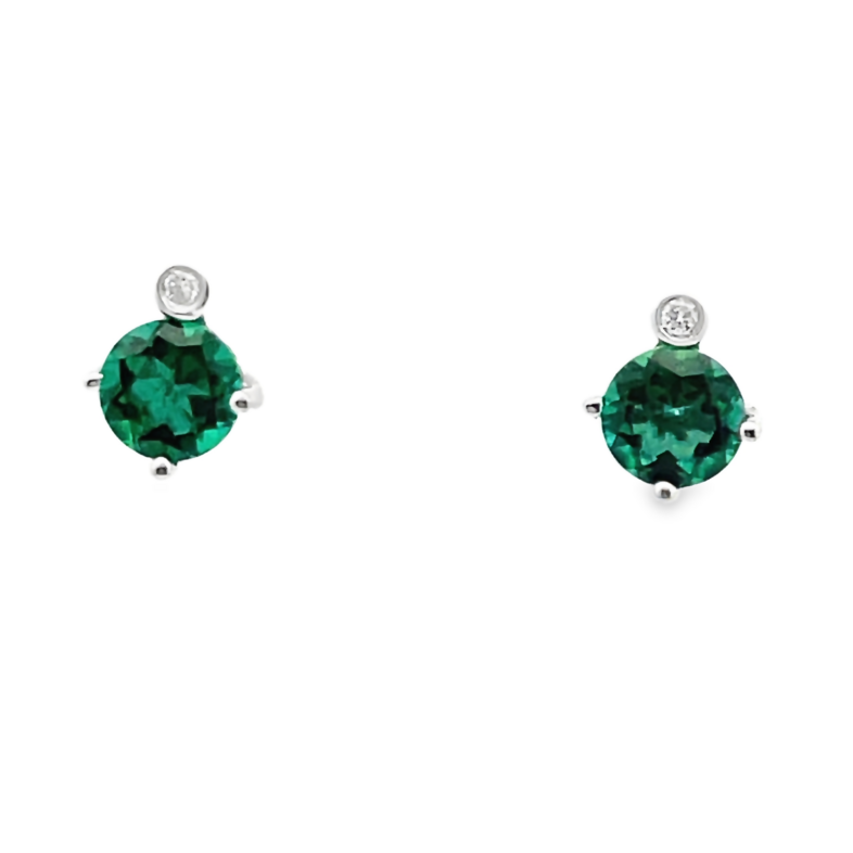 ELLE 5MM ROUND CREATED EMERALD STUD EARRINGS WITH 2 ROUND CREATED DIAMONDS; .02TDW; SILVER