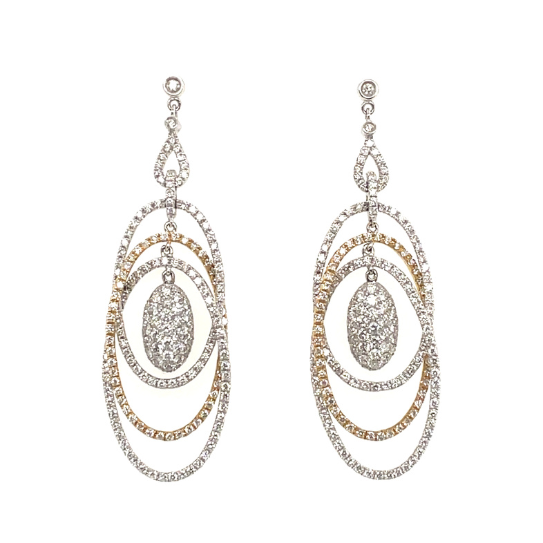 412 ROUND DIAMOND TRIPLE OVAL LOOP EARRINGS WITH PAVE OVAL CENTER DANGLE=2.84CTW; 18KTT