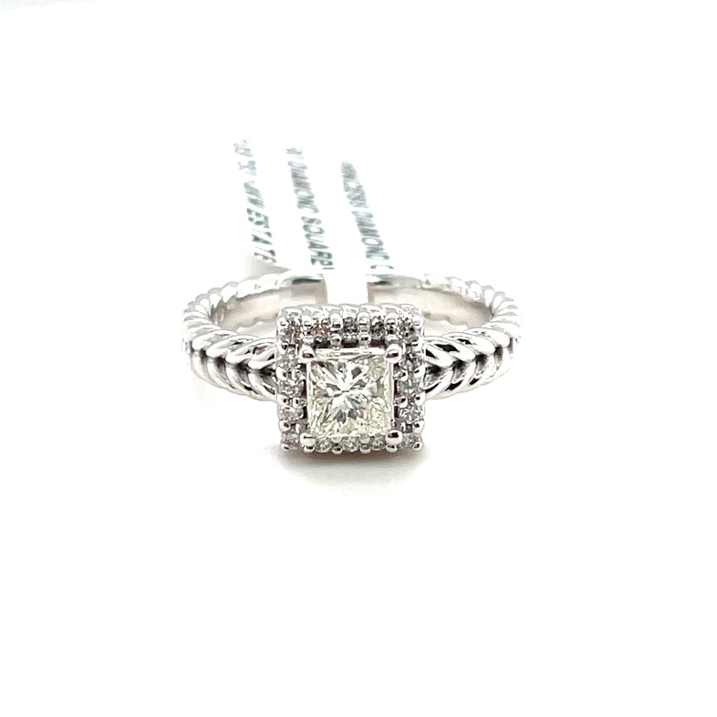 PRINCESS DIAMOND CENTER + 16 ROUND DIAMOND SQUARE HALO; DOUBLE CABLE SHANK ENGAGEMENT RING=5/8CTW; G-H; 14KW ESTATE