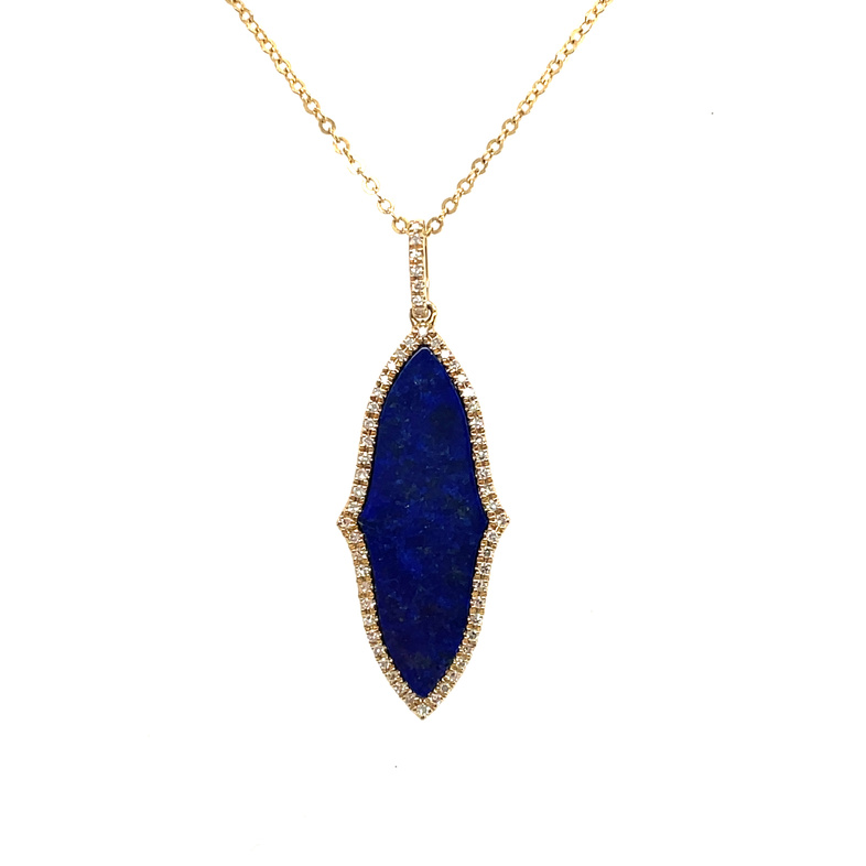 3.70TGW FANCY MARQUISE 3.50CT LAPIS/59 ROUND DIAMOND HALO PENDANT/CHAIN; .20TDW; 14KY CHAIN INCLUDED