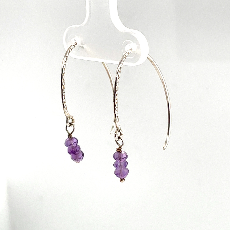 CATHY COOK SILVER HAMMERED HOOK EARRINGS WITH TRIPLE AMETHYST BEADS