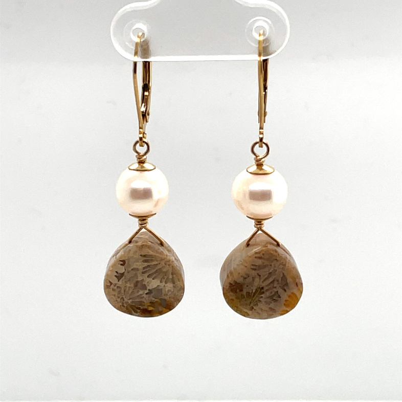 CATHY COOK PEARL AND CORAL FOSSIL DROP LEVER-BACK GOLDFILL EARRINGS