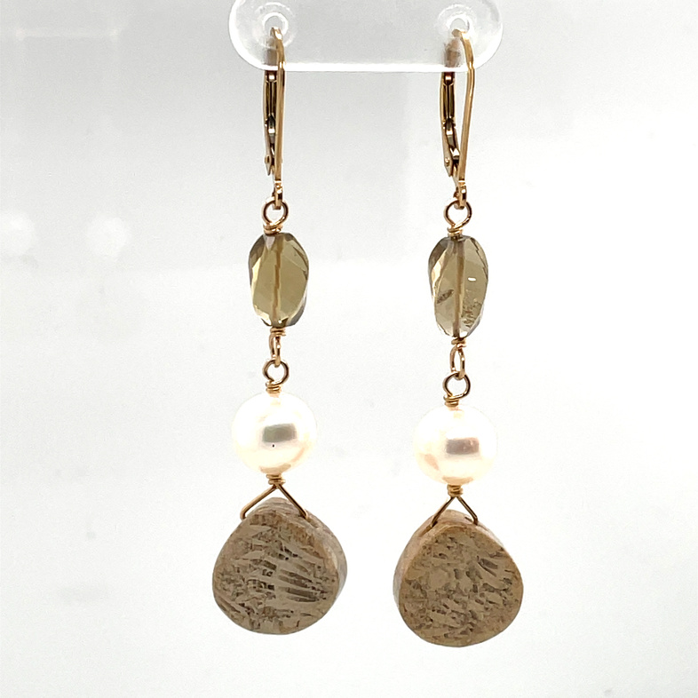 CATHY COOK GOLDFILL LEVER-BACK EARRINGS WITH JAPANESE CUT SMOKEY TOPAZ/WHITE PEARL/CORAL FOSSIL DROPS