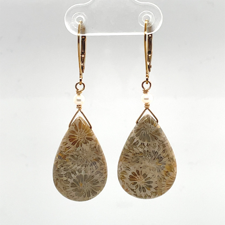 CATHY COOK GOLDFILL LEVER-BACK EARRINGS WITH TINY WHITE PEARLS AND CORAL FOSSIL TEARDROPS