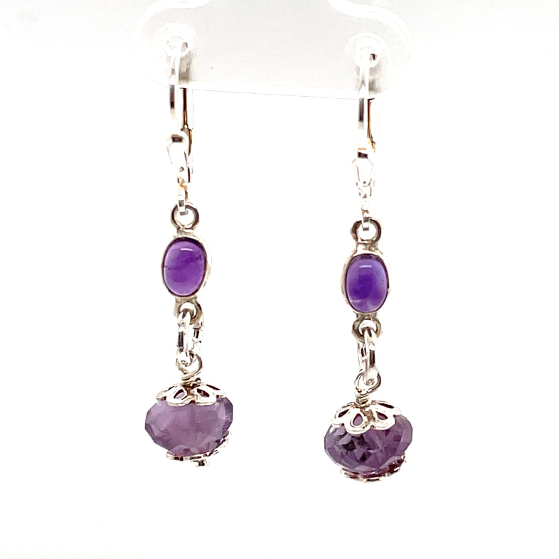 CATHY COOK DOUBLE DROP EARRINGS WITH 2 AMETHYST RONDELLES AND 2 CABACHON AMETHYSTS; SILVER
