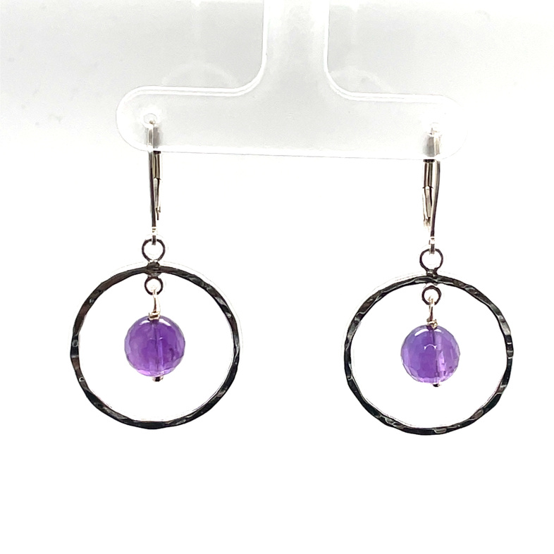 CATHY COOK AMETHYST BEAD DROP CENTER CIRCLE DANGLE EARRINGS; SILVER