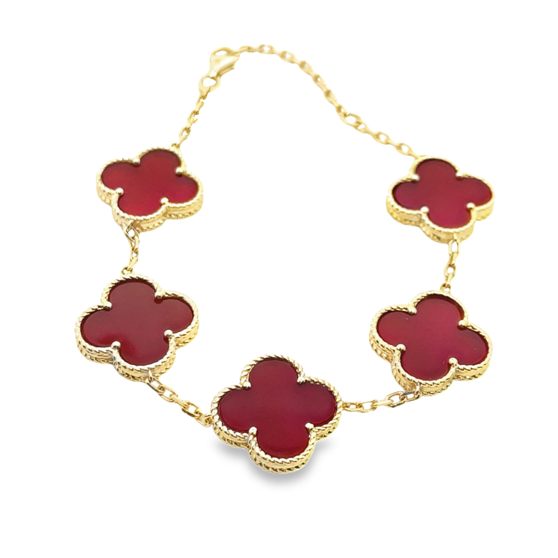 15MM CLOVER CARNELIAN 5-STATION BRACELET; 14KY