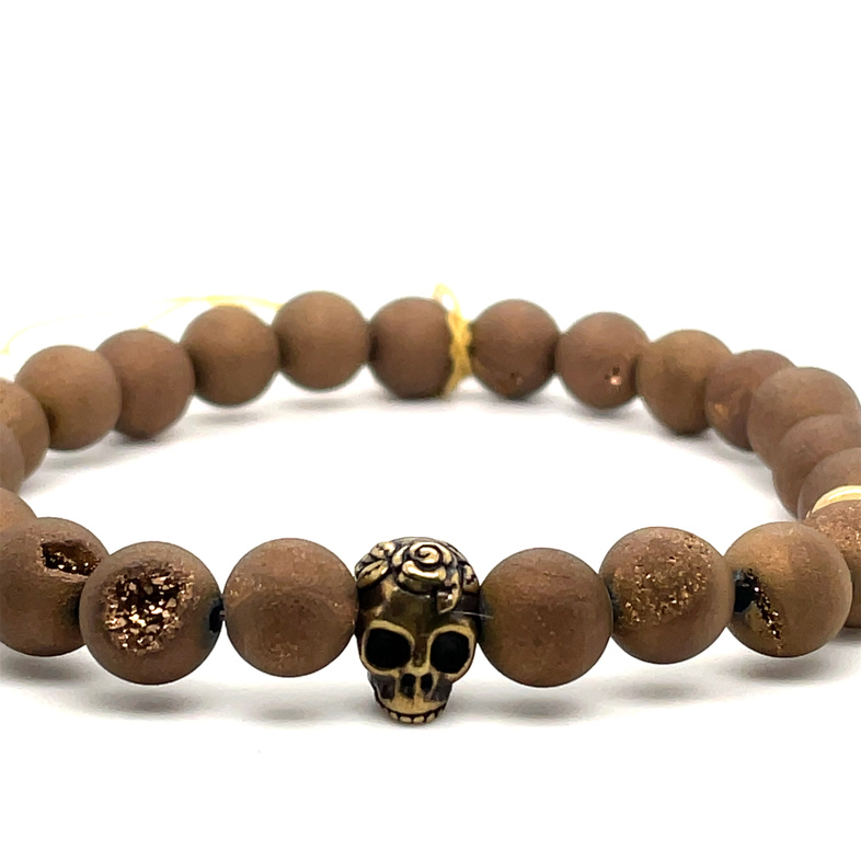 8MM BROWN DRUZY WITH PEWTER SUGAR SKULL AND GOLD TONE SPACERS BRACELET