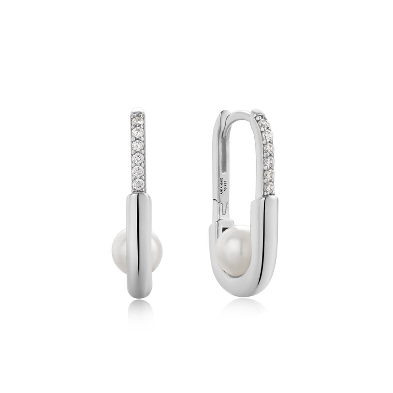 ANIA HAIE SILVER PEARL INTERLOCK OVAL HOOP EARRINGS