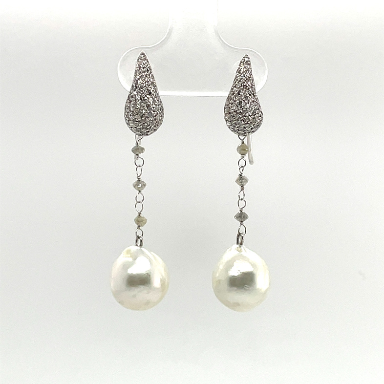 YVEL 11-13MM WHITE BAROQUE SOUTH SEA PEARL DROP EARRINGS WITH 104 DIAMONDS; 1.75TDW; 18KW