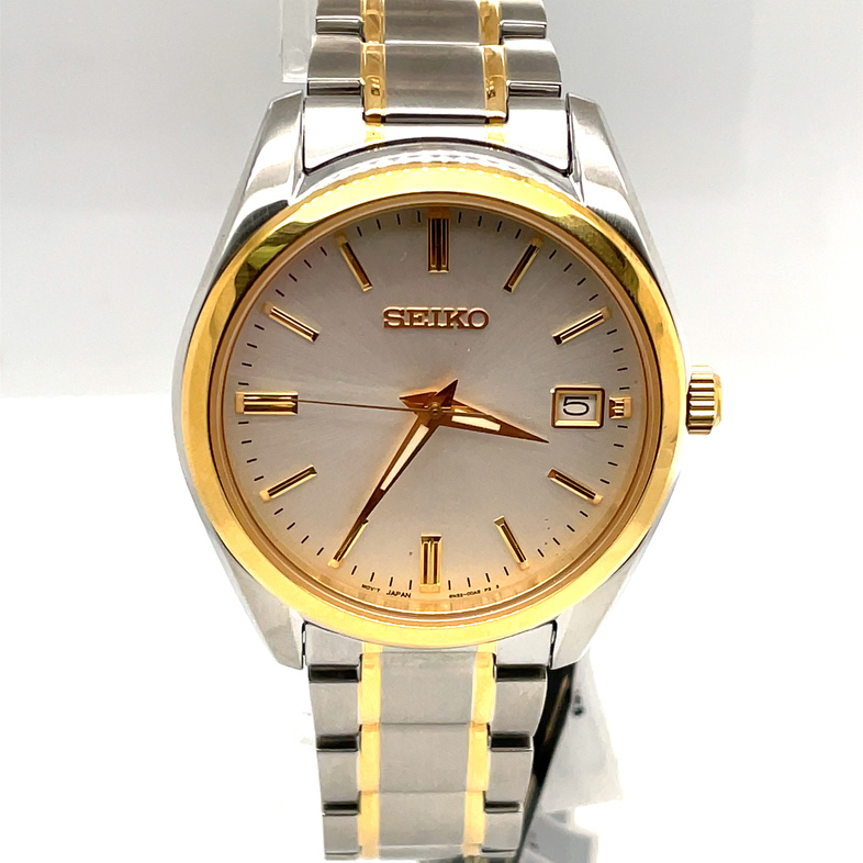 SEIKO 40.2MM ROUND WHITE DIAL WATCH; GOLD TONE BEZEL; TT LINK BRACELET; STAINLESS/GOLD TONE