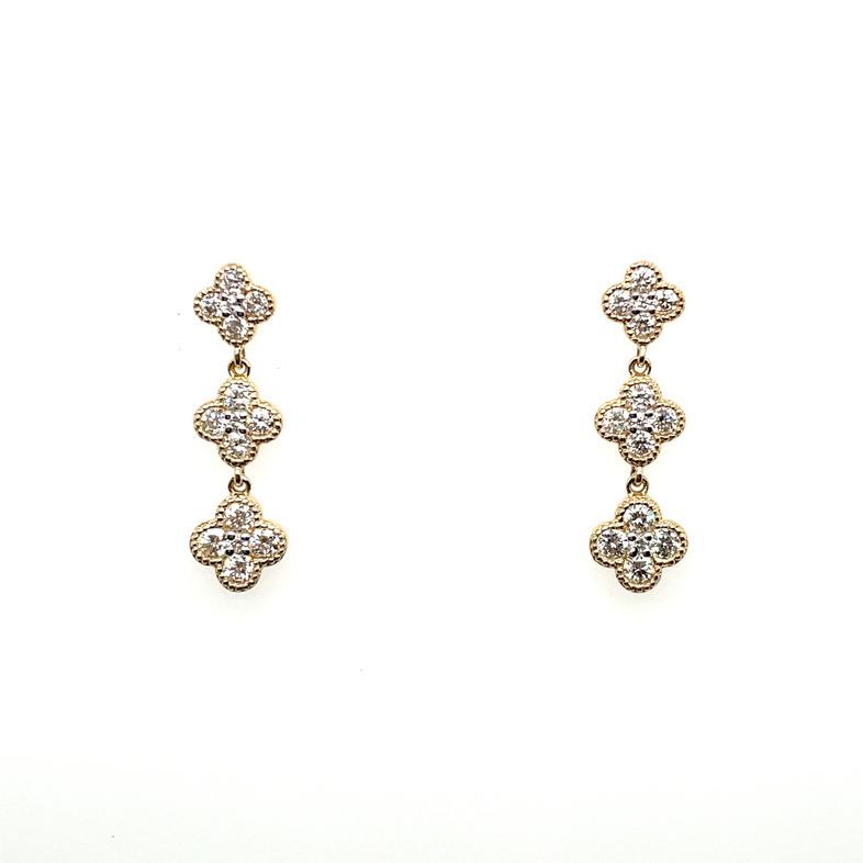 .65CTW DIAMOND PAVE QUATREFOIL TRIPLE-DROP EARRINGS CONTAINING: 30 ROUND PRONG-SET DIAMONDS; H-I; SI1; 14KY