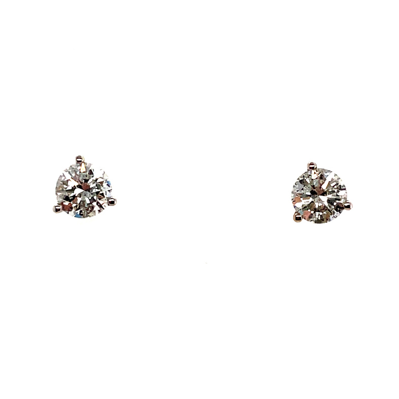 1.41CTW ROUND DIAMOND 3-PRONG STUD EARRINGS; 14KW