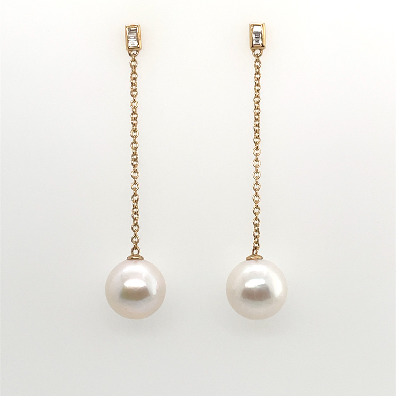 HONORA CHAIN-DANGLE PEARL & DIAMOND EARRINGS CONTAINING: 2 12-13MM FRESHWATER CULTURED PEARLS; + 6 BAGUETTE DIAMONDS; .07CTW; 14KY