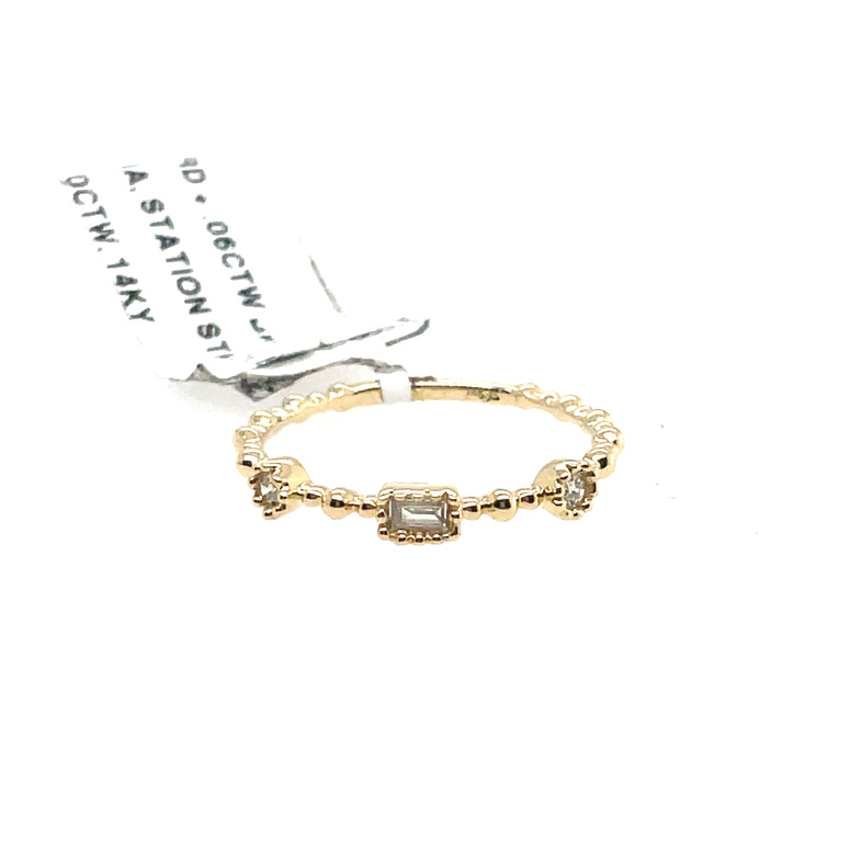 .10CTW ROUND/BAGUETTE STATIONS STACK BAND RING CONTAINING: 2 ROUND DIAMONDS; .06CTW; + .04CTW BAGUETTE DIAMOND; 14KY