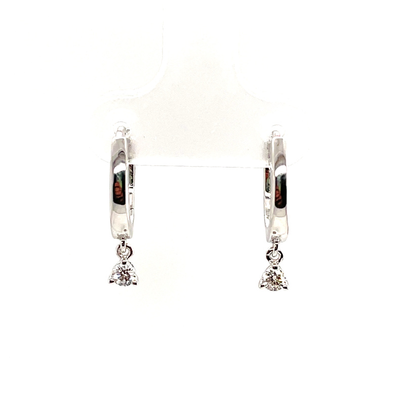 ROUND MINI HOOP EARRINGS WITH 2 ROUND DANGLING DIAMONDS; .15CTW; 14KW
