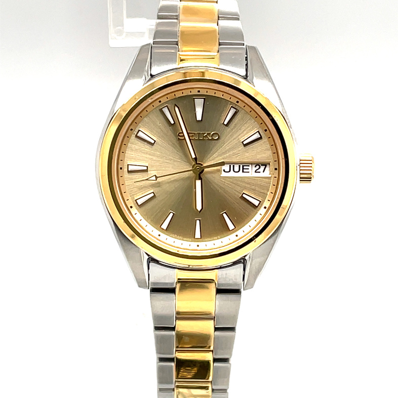 SEIKO 36MM ROUND CHAMPAGNE DAY/DATE DIAL; TT LINK BRACELET; STAINLESS/GOLD TONE