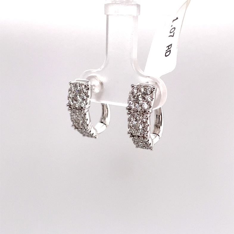 1.07CTW DIAMOND TAPERED 3-STONE CUSHION CLUSTERS OVAL HUGGIE EARRINGS CONTAINING: 54 ROUND DIAMONDS; 14KW