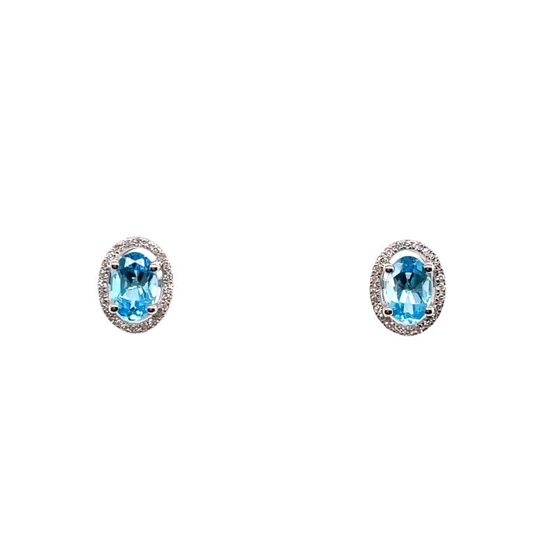 1.16TGW OVAL HALO BLUE TOPAZ & DIAMOND STUD EARRINGS CONTAINING: 2 OVAL BLUE TOPAZ; 1.04CTW; + 48 ROUND DIAMONDS; .12TDW; 14KW