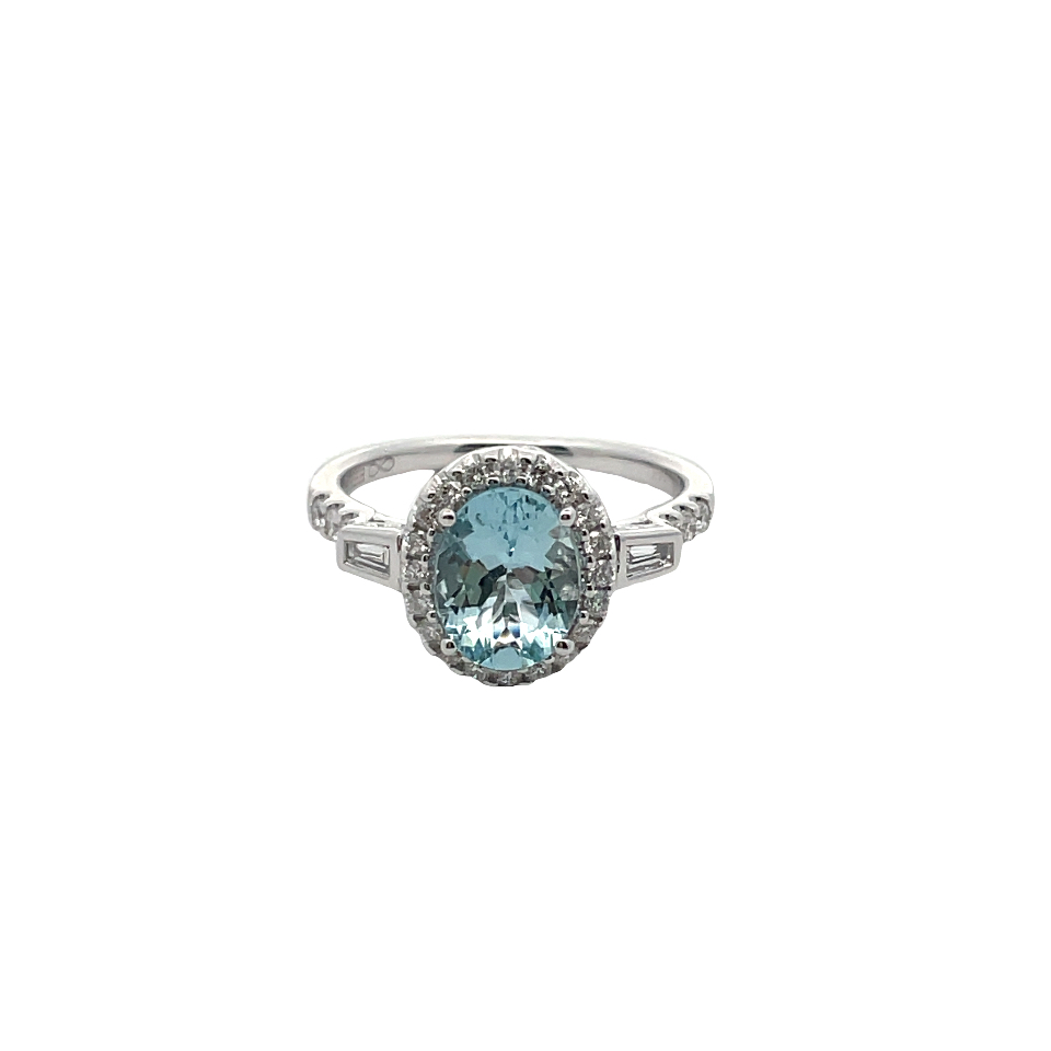 EFFY 2.09TGW AQUAMARINE AND DIAMOND HALO RING CONTAINING: 1.70CT OVAL AQUAMARINE CENTER; + 26 ROUND AND 2 BAGUETTE DIAMONDS; .39TDW; 14KW