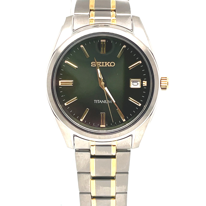 SEIKO GTS 40MM ROUND GREEN SUNRAY DATE DIAL; TT TITANIUM BRACELET
