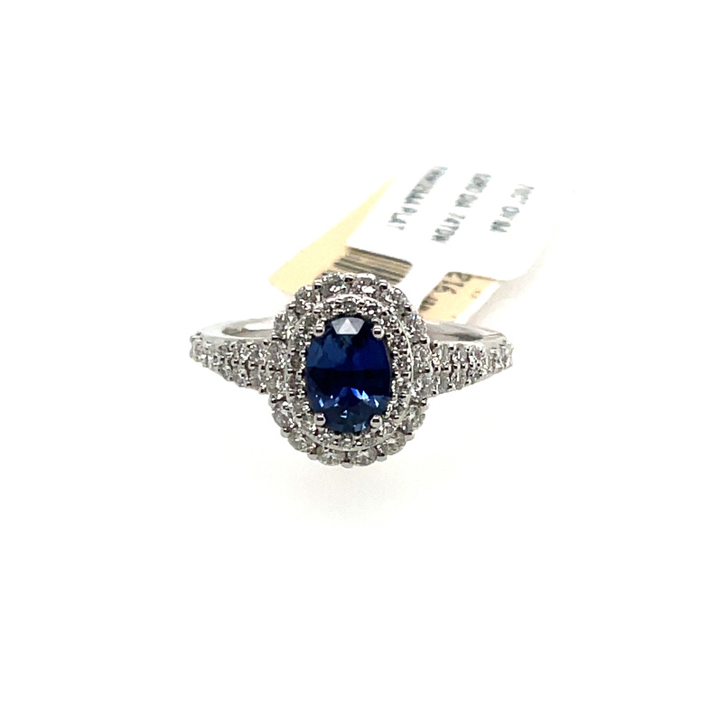 LE VIAN 1.44TGW SAPPHIRE AND DIAMOND DOUBLE HALO RING CONTAINING: .70CT OVAL BLUE SAPPHIRE CENTER; + 52 ROUND MELEE DIAMONDS; .74TDW; PLATINUM
