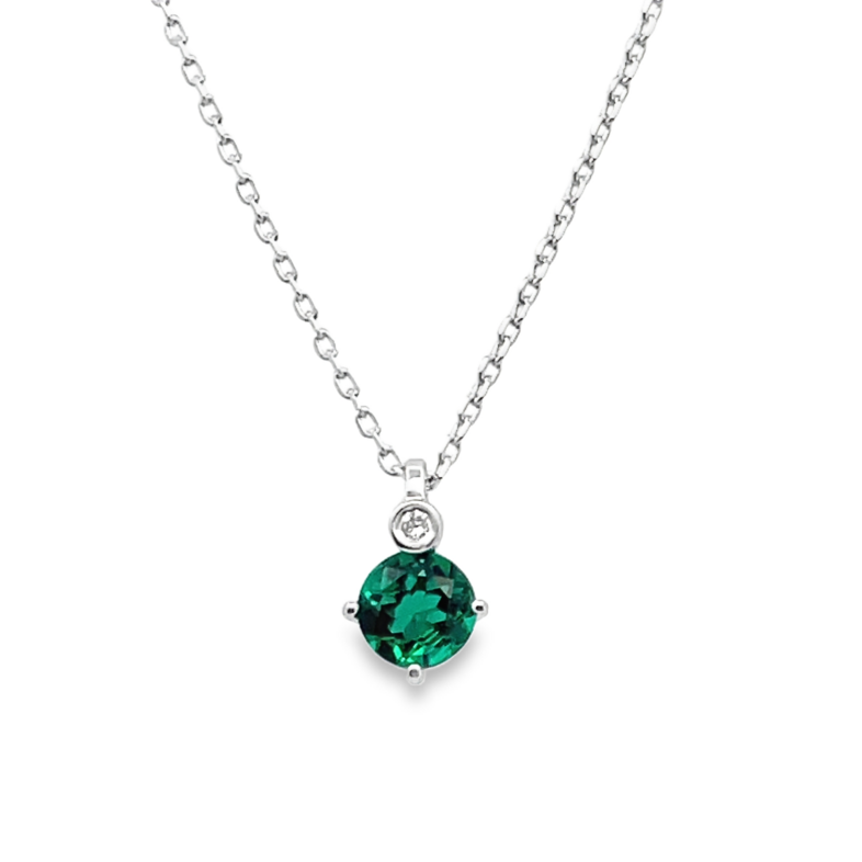 ELLE 6MM ROUND CREATED EMERALD/.02CT CREATED ROUND DIAMOND PENDANT/CHAIN; SILVER CHAIN INCLUDED