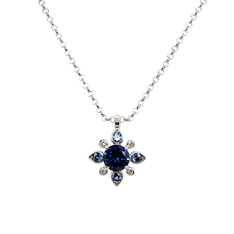 ELLE 5 ROUND CREATED BLUE SAPPHIRE/4 ROUND LAB GROWN DIAMONDS CLUSTER PENDANT/CHAIN; SILVER CHAIN INCLUDED