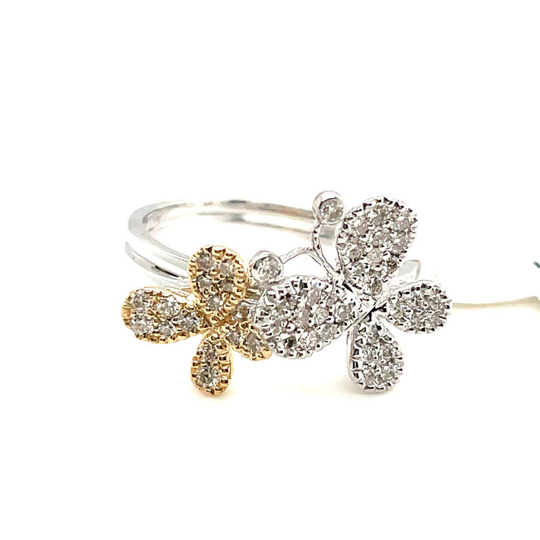0.39CTW TWO-TONE DOUBLE BUTTERFLY RING CONTAINING: 46 ROUND DIAMONDS; 14KYW