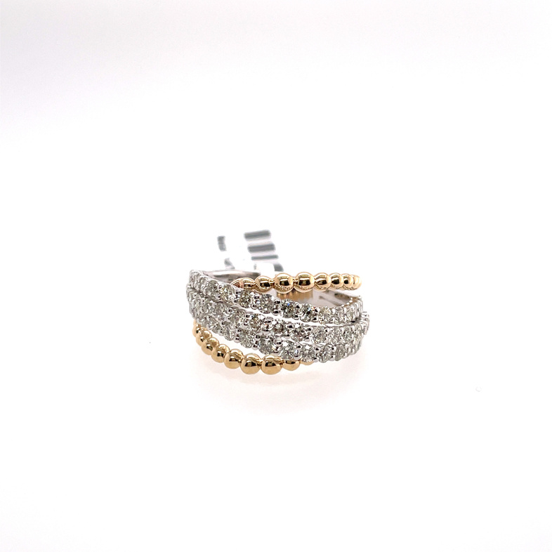 1.93CTW TWO-TONE; 5-ROW DIAMOND RING WITH 14KY BEADED EDGE ACCENT ROWS CONTAINING: 55 ROUND PRONG-SET DIAMONDS; 14KWY