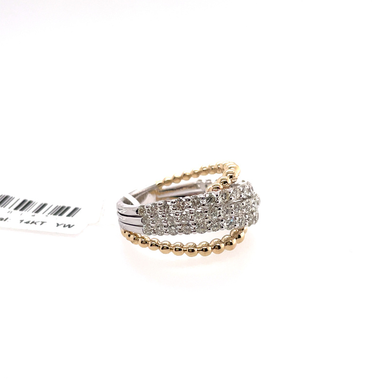 1.93CTW TWO-TONE; 5-ROW DIAMOND RING WITH 14KY BEADED EDGE ACCENT ROWS CONTAINING: 55 ROUND PRONG-SET DIAMONDS; 14KWY