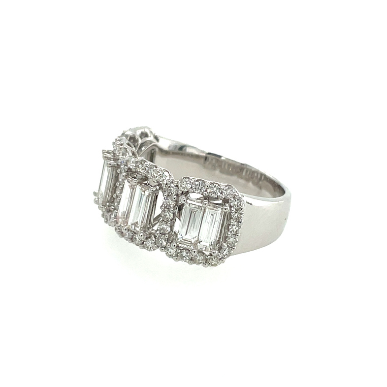1.96CTW DIAMOND 4-SECTION BAND RING CONTAINING: 8 BAGUETTE CENTER DIAMONDS; 1.21CTW; + 57 ROUND OUTLINING DIAMONDS; .75CTW; 14KW