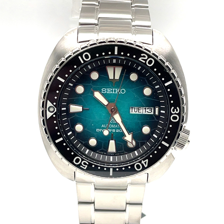 SEIKO PROSPEX 45MM TURQUOISE PATTERENED DIAL STAINLESS STEEL CASE AND BRACELET ADDITIONAL GREEN SILICONE STRAP SRPH57