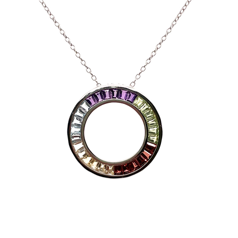 4CTW MULTI-GEMSTONE CIRCLE PENDANT/CHAIN CONTAINING: 6 BAGUETTE AMETHYSTS; 5 BAGUETTE BLUE TOPAZ; 6 BAGUETTE CITRINES; 6 BAGUETTE GARNETS; 6 BAGUETTE PERIDOT; SILVER CHAIN INCLUDED