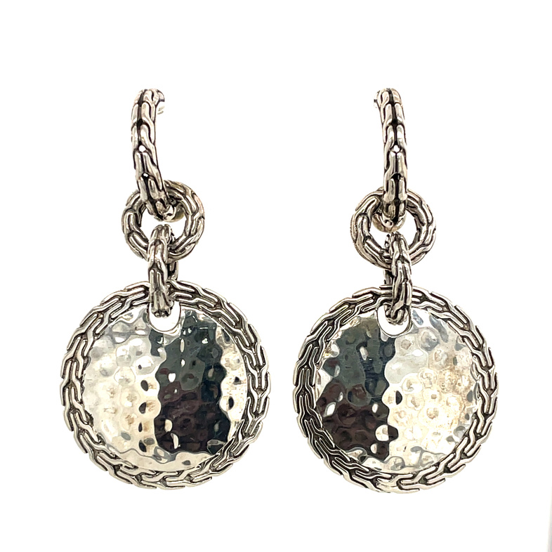Classic Chain Hammered Round Silver Drop Earrings