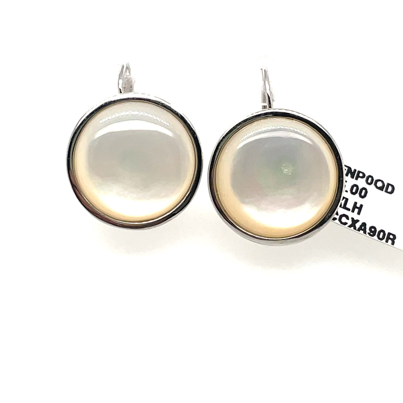 ELLE ROUND MOTHER OF PEARL LEVER BACK EARRINGS; SILVER