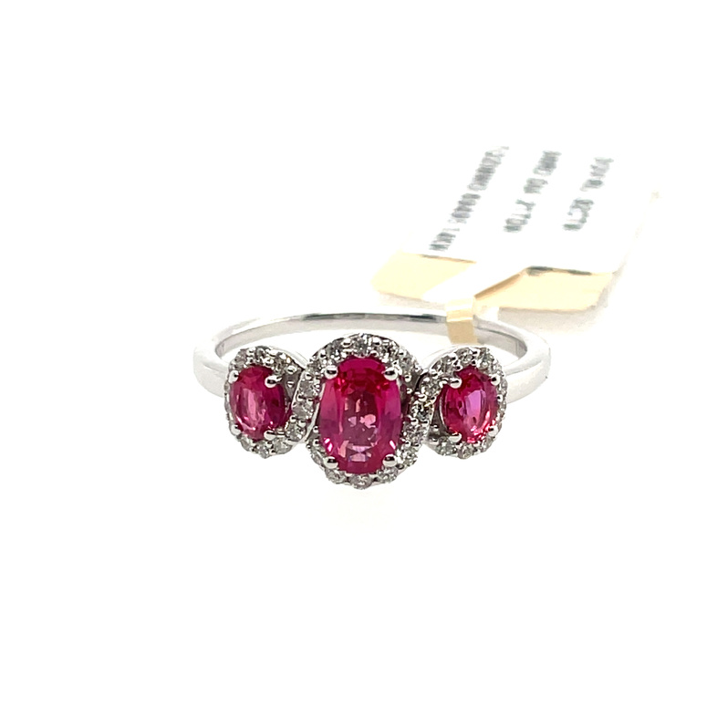 LE VIAN 1.13TGW RUBY AND DIAMOND RING CONTAINING: 3 OVAL RUBIES; .92CTW; + 36 ROUND DIAMONDS; .21TDW; 14KW