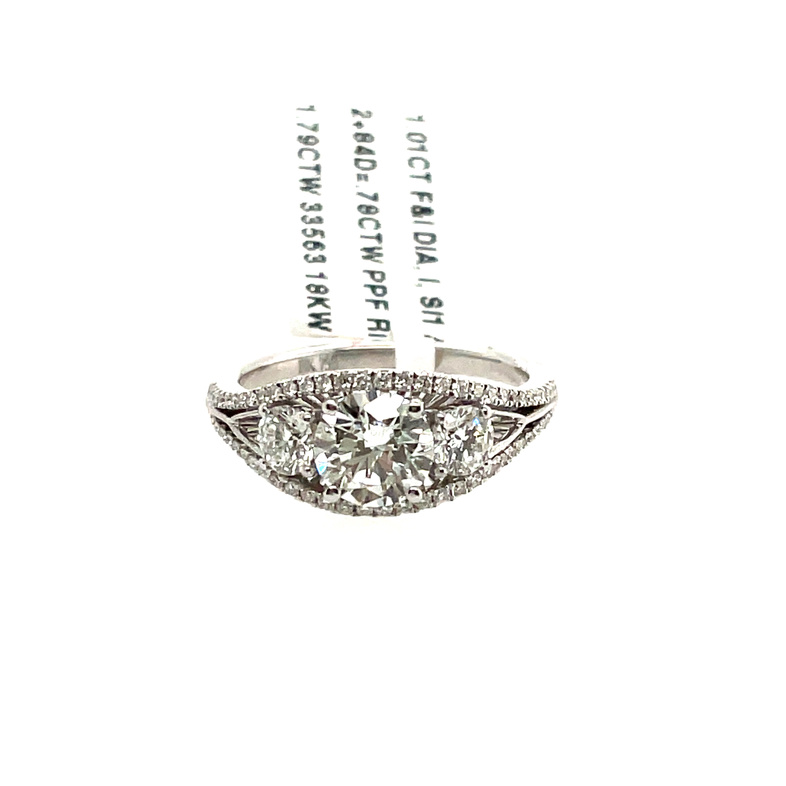 1.01CT FIRE & iCE RD DIA; I; SI1; AGS10410470500; TYCOON ENGAGEMENT RING SEMI: 2 ROUND DIAMONDS; .49CTW; + 84 ROUND DIAMONDS; .29CTW; PAST; PRESENT; FUTURE RING =1.79CTW; 18KW