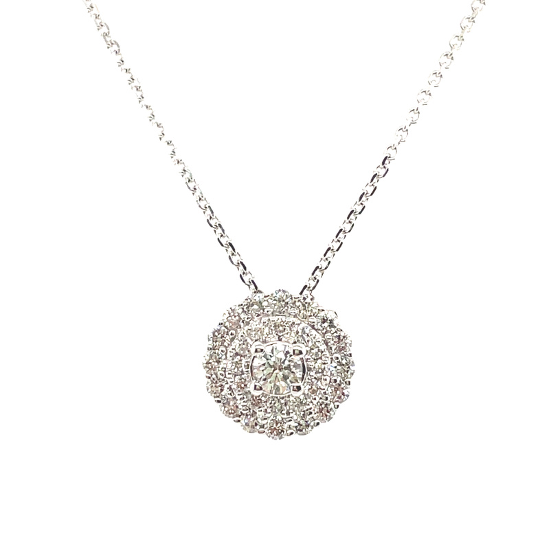 CLOSEOUT .50CTW DIAMOND DOUBLE HALO ROUND PENDANT/CHAIN CONTAINING: 29 ROUND DIAMONDS; 14KW CHAIN INCLUDED