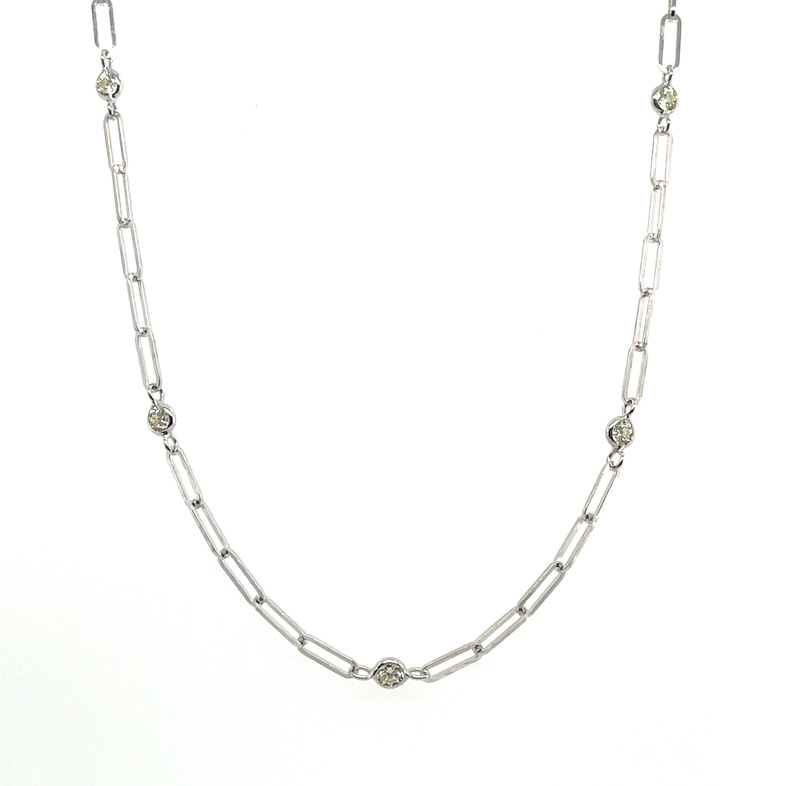 1.00CTW DIAMOND PAPERCLIP CHAIN 18 NECKLACE CONTAINING: 14 ROUND BEZEL-SET DIAMOND STATIONS; 14KW