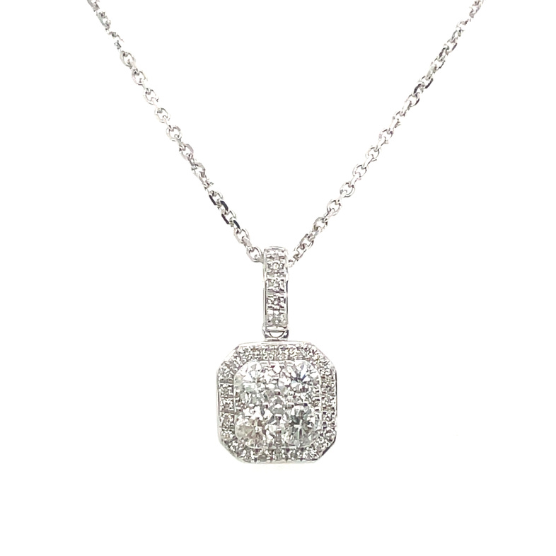 .53CTW DIAMOND CUSHION HALO/CLUSTER CENTER PENDANT/CHAIN CONTAINING: 38 ROUND DIAMONDS; 14KW CHAIN INCLUDED