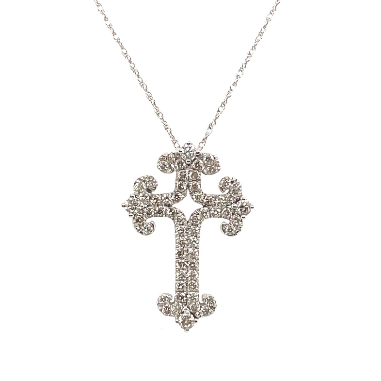 CURVED-TIP DOUBLE-ROW CROSS PENDANT/CHAIN CONTAINING: 58 ROUND DIAMONDS=.67CTW; 14KW CHAIN INCLUDED
