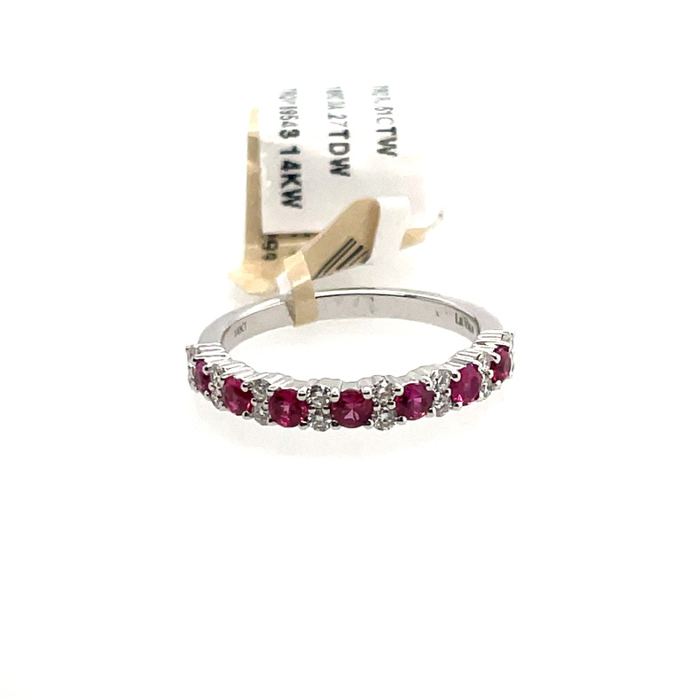 LE VIAN .78TGW RUBY AND DIAMOND BAND RING CONTAINING: 7 ROUND RUBIES; .51CTW; + 16 ROUND DIAMONDS; .27TDW; 14KW
