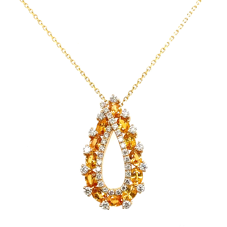 3.55TGW YELLOW SAPPHIRE AND DIAMOND OPEN-TEARDROP PENDANT/CHAIN 12 OVAL YELLOW SAPPHIRES; 3.00CTW; + 39 ROUND DIAMONDS; .55CTW; 14KY CHAIN INCLUDED