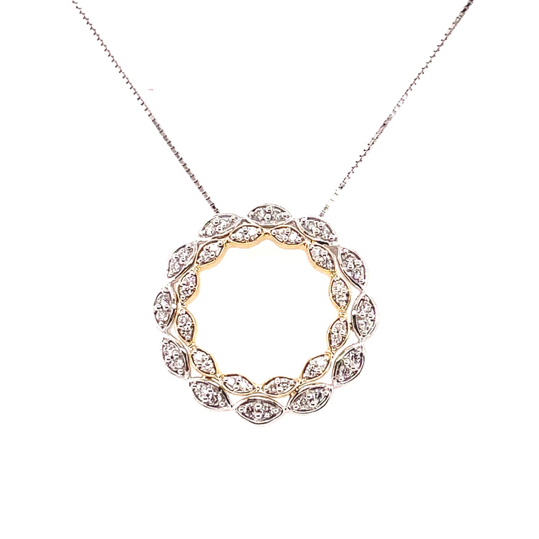 1/3CTW DOUBLE TWO-TONE CIRCLE PENDANT/CHAIN CONTAINING: 48 ROUND DIAMONDS; 10KWY 10KW BOX CHAIN INCLUDED