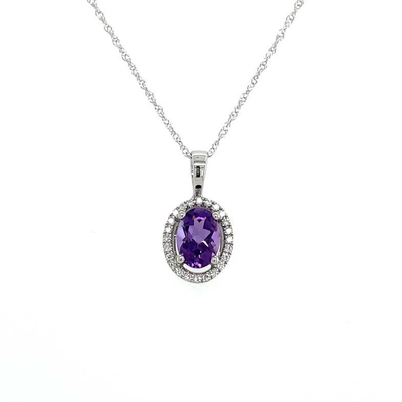 .85TGW OVAL HALO AMETHYST & DIAMOND PENDANT/CHAIN CONTAINING: .77CT OVAL AMETHYST; + 24 ROUND DIAMONDS; .08TDW; 14KW CHAIN INCLUDED