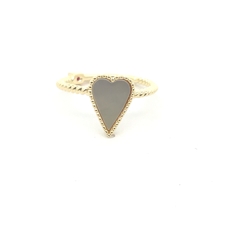 ELLE WHITE MOTHER OF PEARL BEZEL-SET HEART CABLE RING; GOLD PLATE