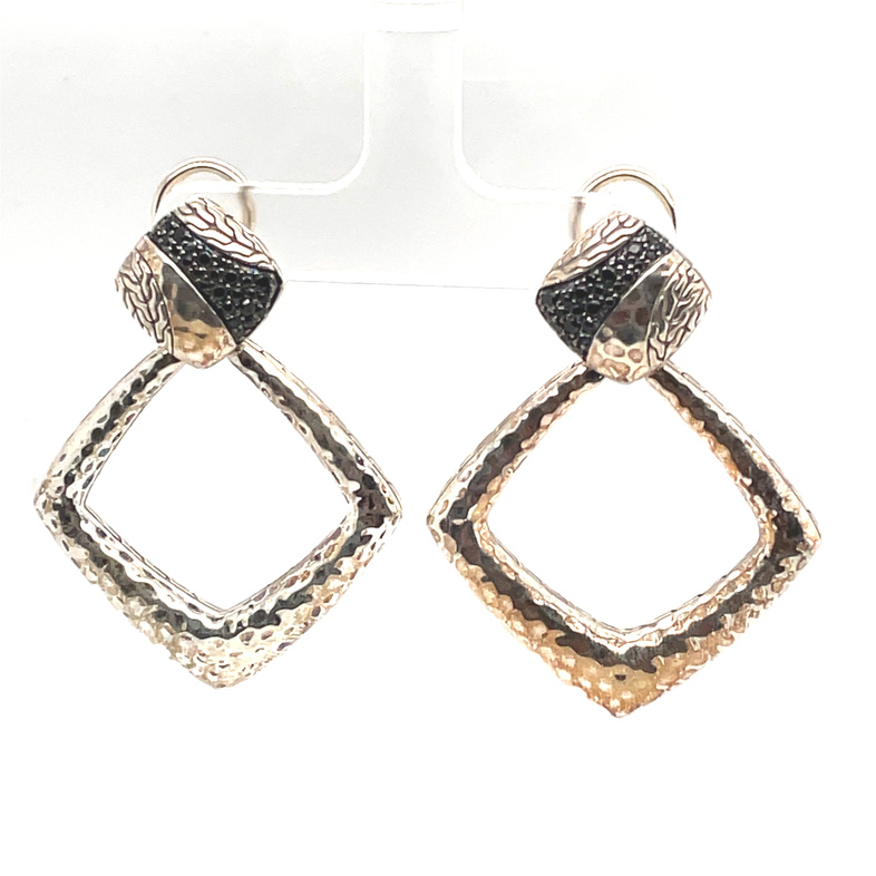 Classic Chain Hammered Silver Square Black Sapphire/Black Spinel Drop Earrings
